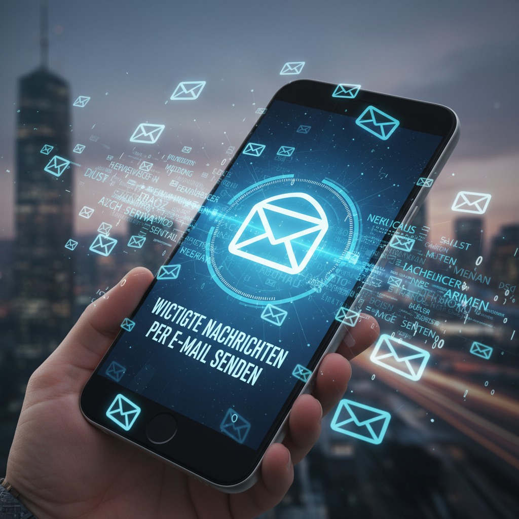 Eine Hand hält ein Smartphone, auf dessen Display das Versenden von E-Mails mit digitalen Symbolen vor einer nächtlichen Stadtkulisse visualisiert wird.
