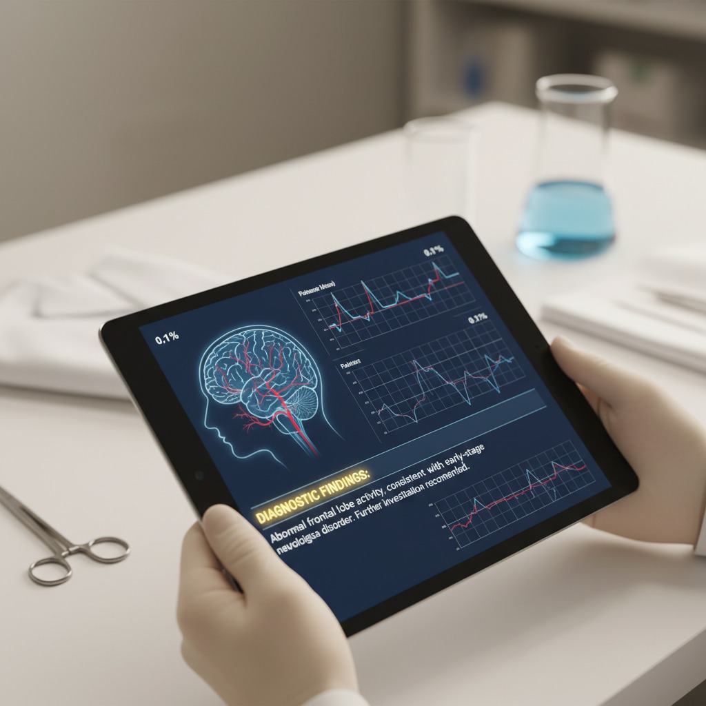 Ein Tablet in den Händen einer Person zeigt eine medizinische Analyse mit einer Gehirngrafik und verschiedenen Diagrammen.