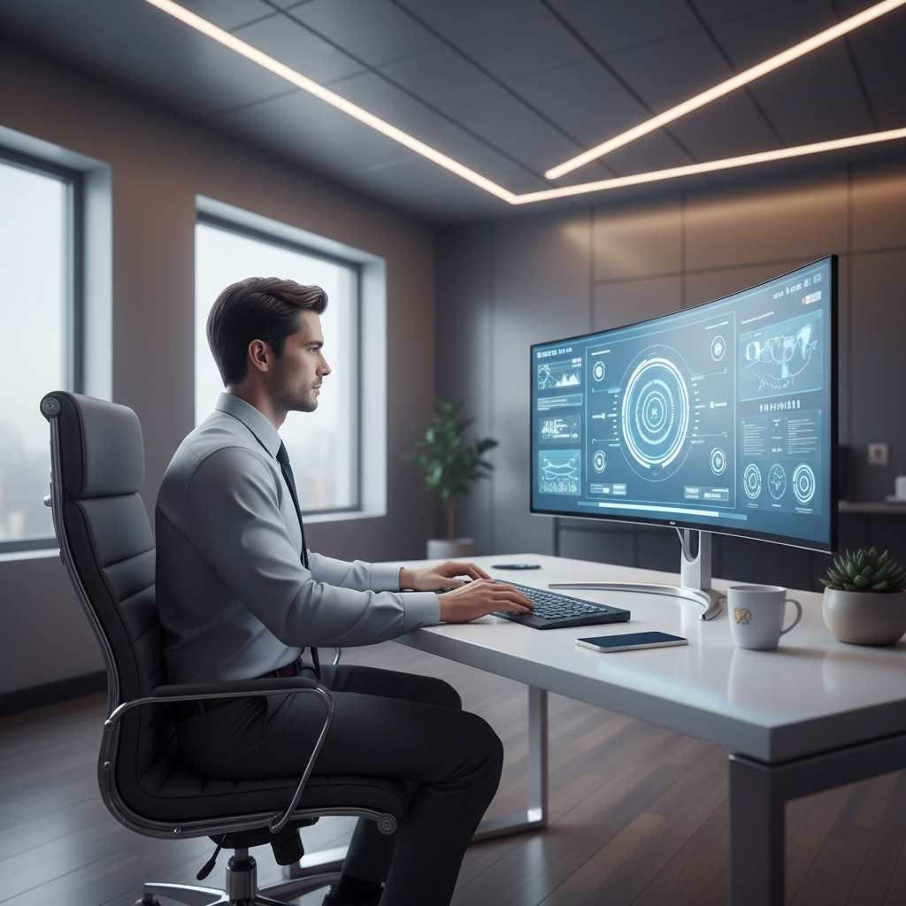Ein Geschäftsmann sitzt in einem modernen Büro an einem Schreibtisch und arbeitet an einem Computer mit einem großen, gebogenen Monitor, auf dem komplexe Datenvisualisierungen angezeigt werden.
